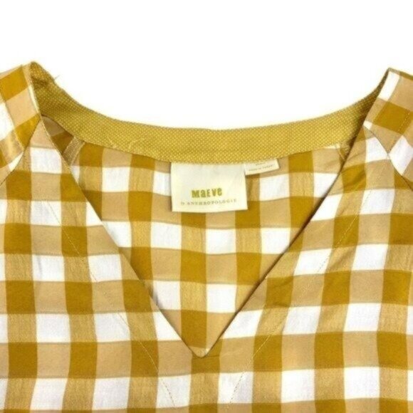 Maeve by Anthro Mustard Yellow Gingham Popover Blouse Vneck - Picture 3 of 6